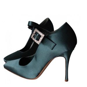 Manolo Blahnik teal satin heels with crystal buckle